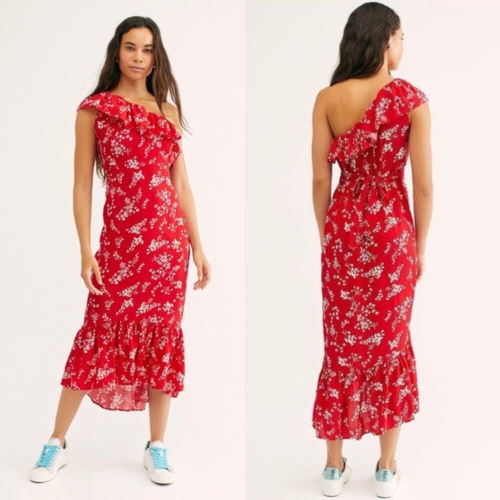 Free People Rue Stiic Westcott One Shoulder Midi Dress Floral Poppy Red‎ Medium